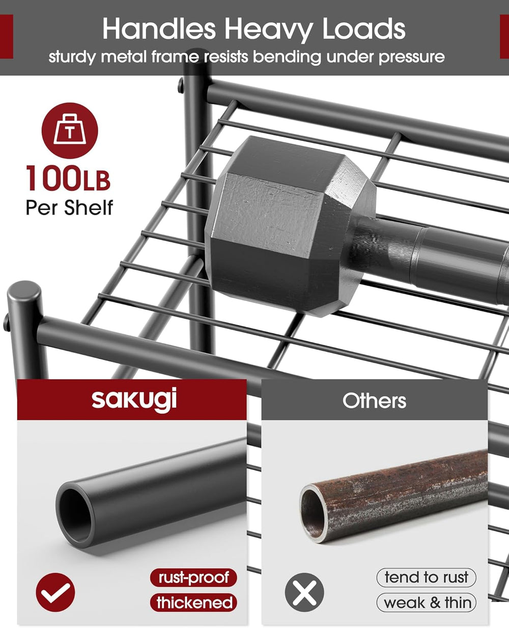 Sakugi 5-Tier Storage Rack Organizer with Hooks, Heavy Duty Metal Garage Rack...