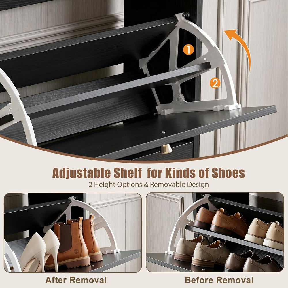 Nicetree Shoe Cabinet, 2 Flip Drawers Slim Black Walnut Top Entry Storage