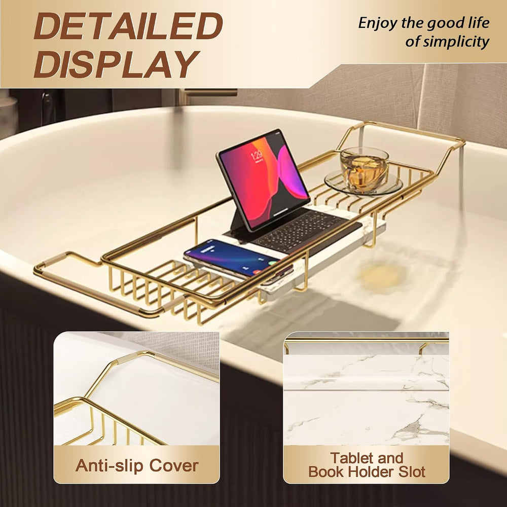 Bathtub Tray Stainless Steel with Marble Base Gold Bathtub Tray with White Ma...