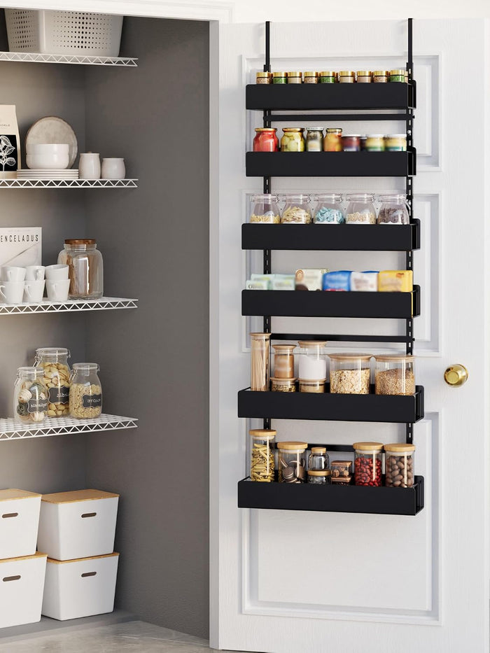 6-Tier Door Organizer, Heavy Duty Hanging Basket Spice Rack Shelves for Pantry Kitchen, Black