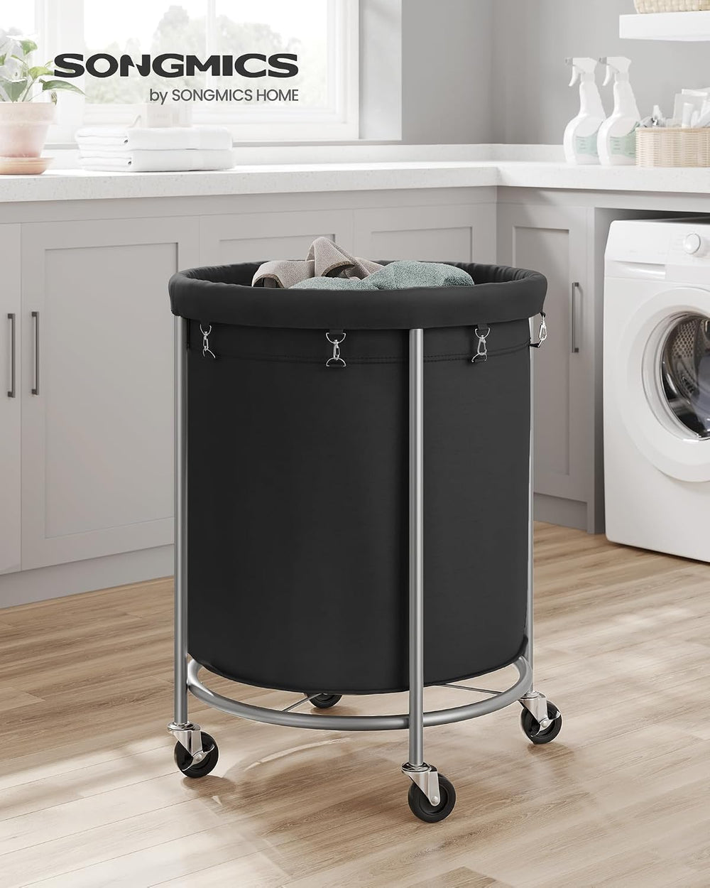SONGMICS Laundry Basket with Wheels,190L, Steel Frame, Removable Bag