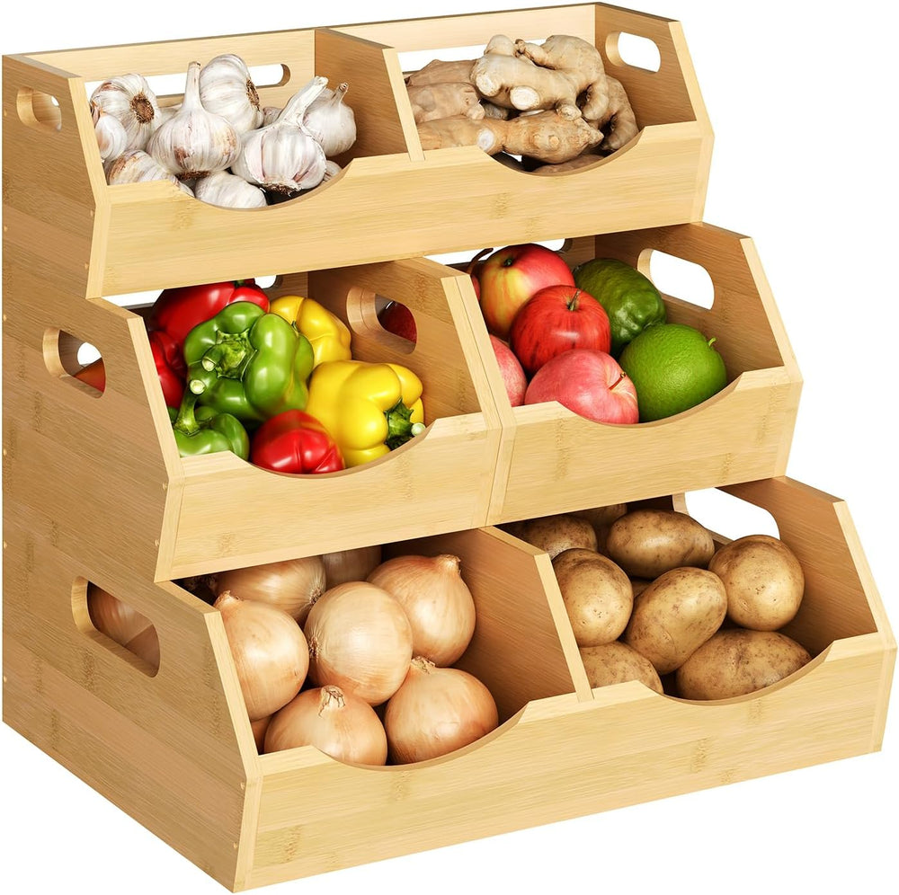 Onion Storage Bins Potato, 3 Tier Bamboo Pantry Storage Bin Stackable Ventila...