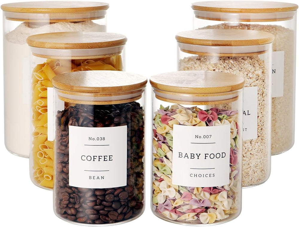 CZZGSM Set of 6 Glass Flour and Sugar jars with 132 Kitchen Pantry Labels - T...