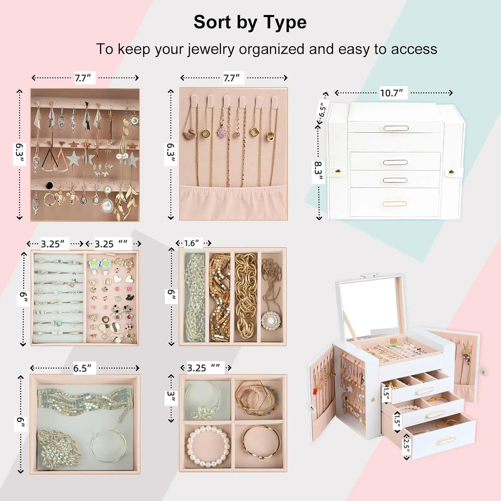 ASINGYER White 4 Layer 3 Drawer Jewelry Organizer with Double Hanging Side Ca...