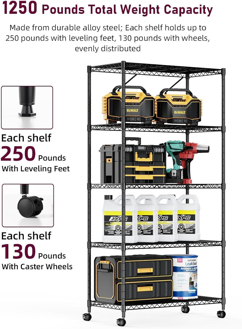Simple Deluxe 5-Tier Heavy Duty Storage Shelving Unit, 1250 Lbs Loading Capac...