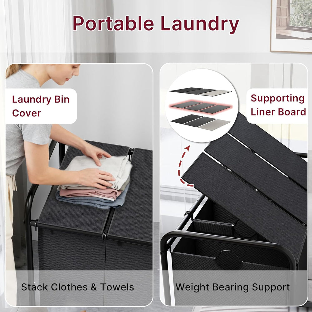 180L Laundry Sorter 3 Section with Lockable Wheels and Lid Black