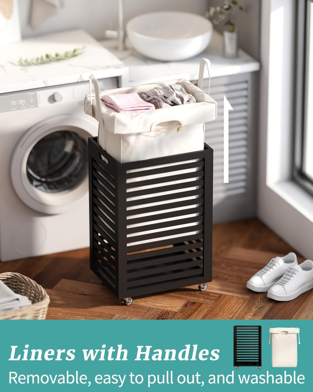 Laundry Basket with Wheels, Rolling Laundry Hamper, Bamboo Wood Laundry Cart ...