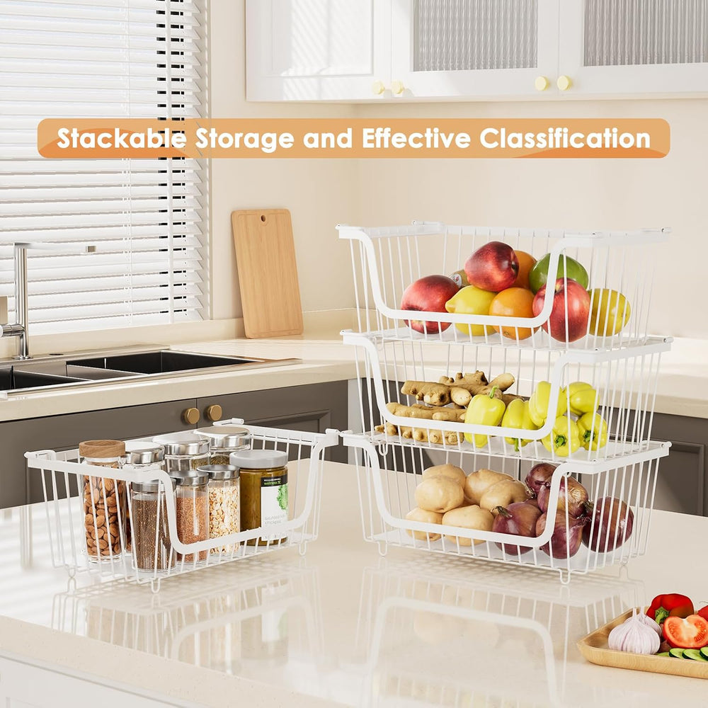4 Pcs Stackable Wire Baskets for Pantry Organizers and Storage, White