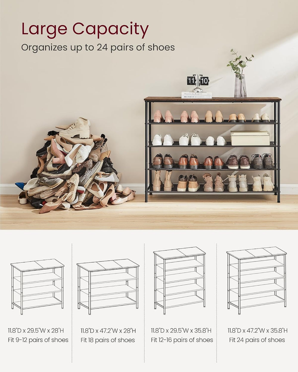 VASAGLE 5-Tier Shoe Rack, 20-24 Pairs, Steel Frame