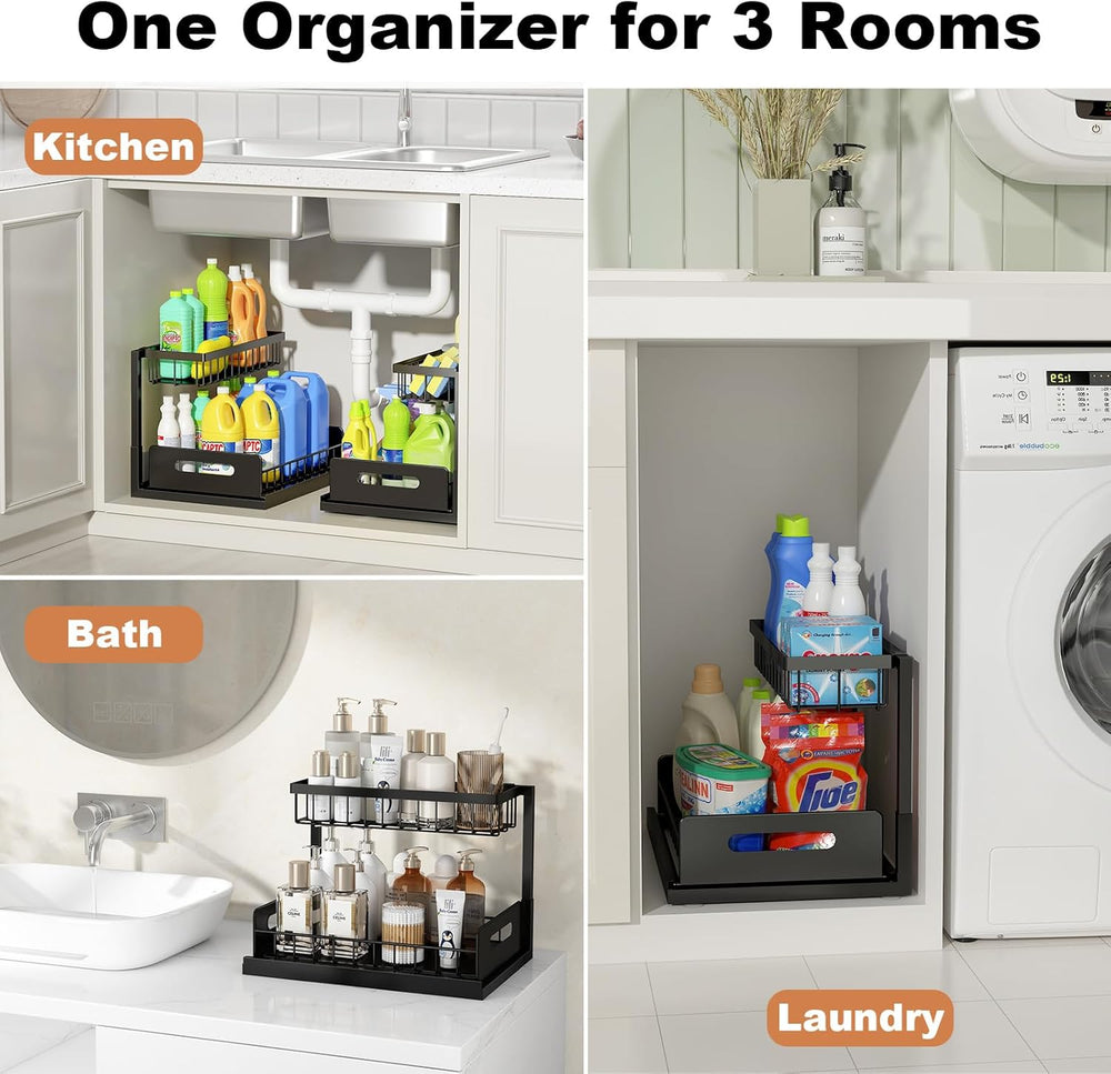 REALINN Under Sink Organizer, L-Shaped 2 Tier Pull Out Cabinet Organizer