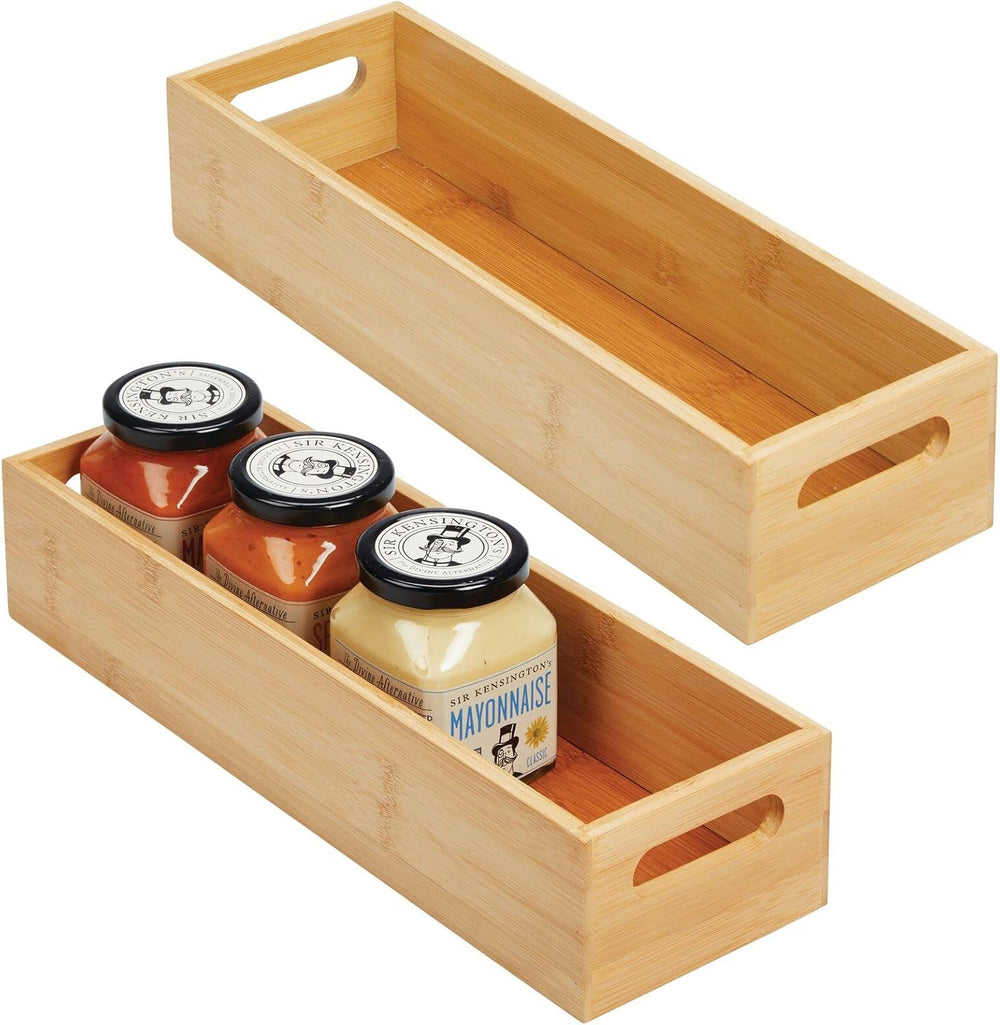 mDesign Set of 2 Kitchen Storage Box – Open-Top Bamboo Storage Tray with Hand...