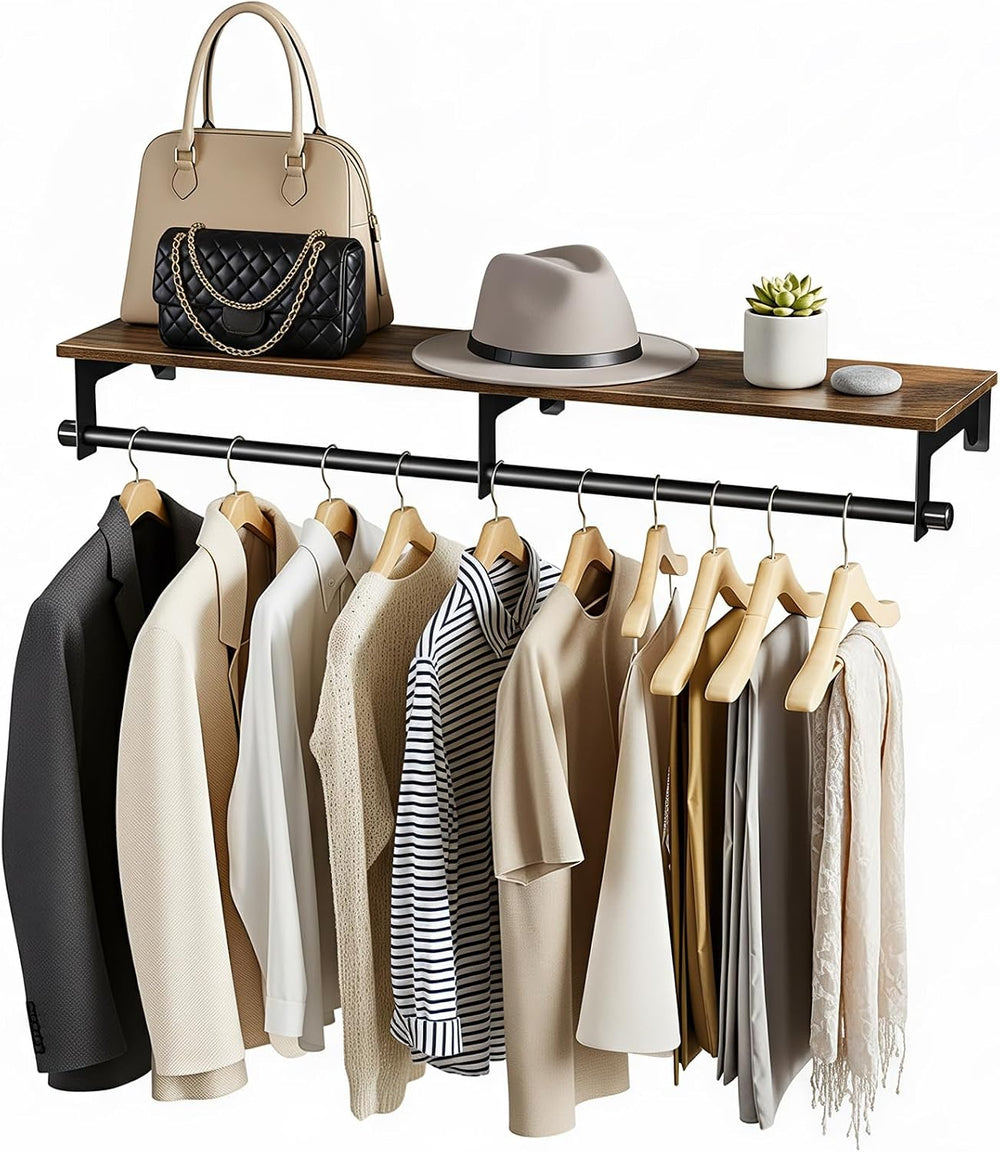 Luxspire 43.3" Wall Mount Clothes Rack with Wood Top Shelf Hanging Clothes