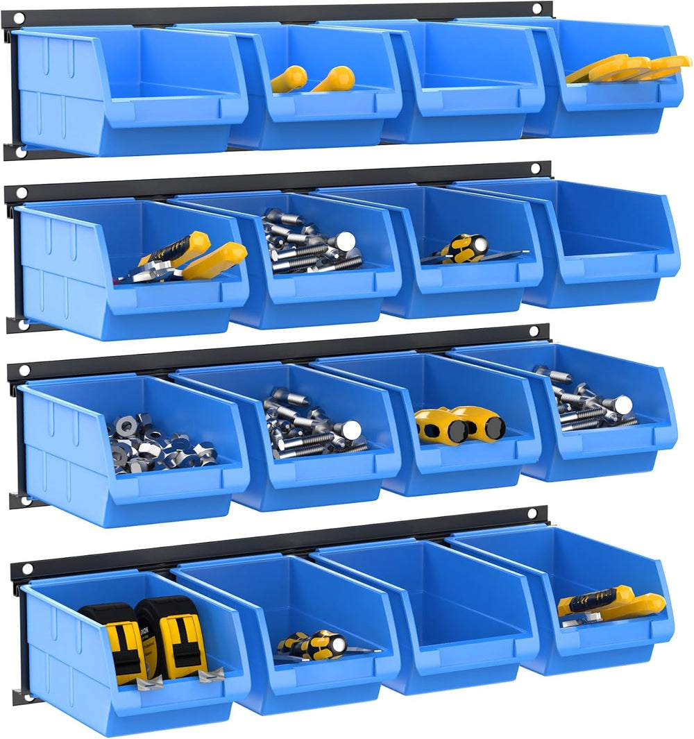 TORACK Wall-Mounted Storage Bins, 16 Plastic Bins for Tools Organization