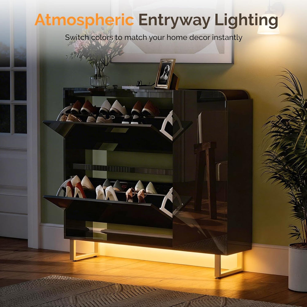 VINGLI Black Shoe Cabinet with LED Lights, Narrow Shoe Storage Organizer with...