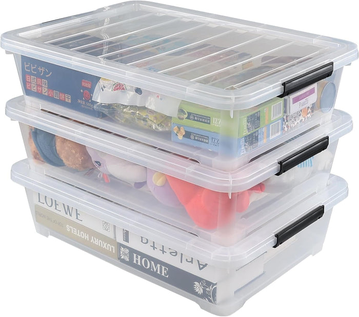 40 Quart Large Flat Clear Plastic Underbed Storage Bin, 3 Packs
