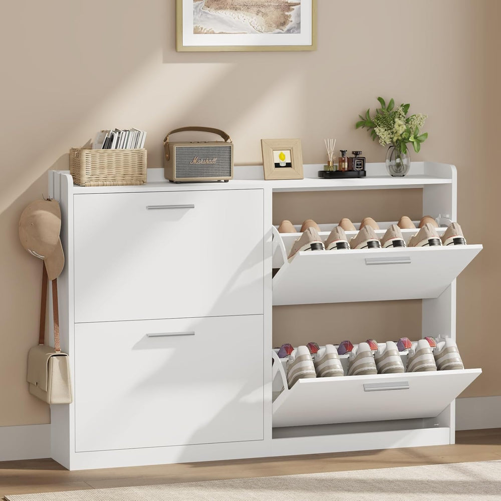 Modern Shoe Cabinet Organizer with 4 Flip Drawers, 47.2" W White