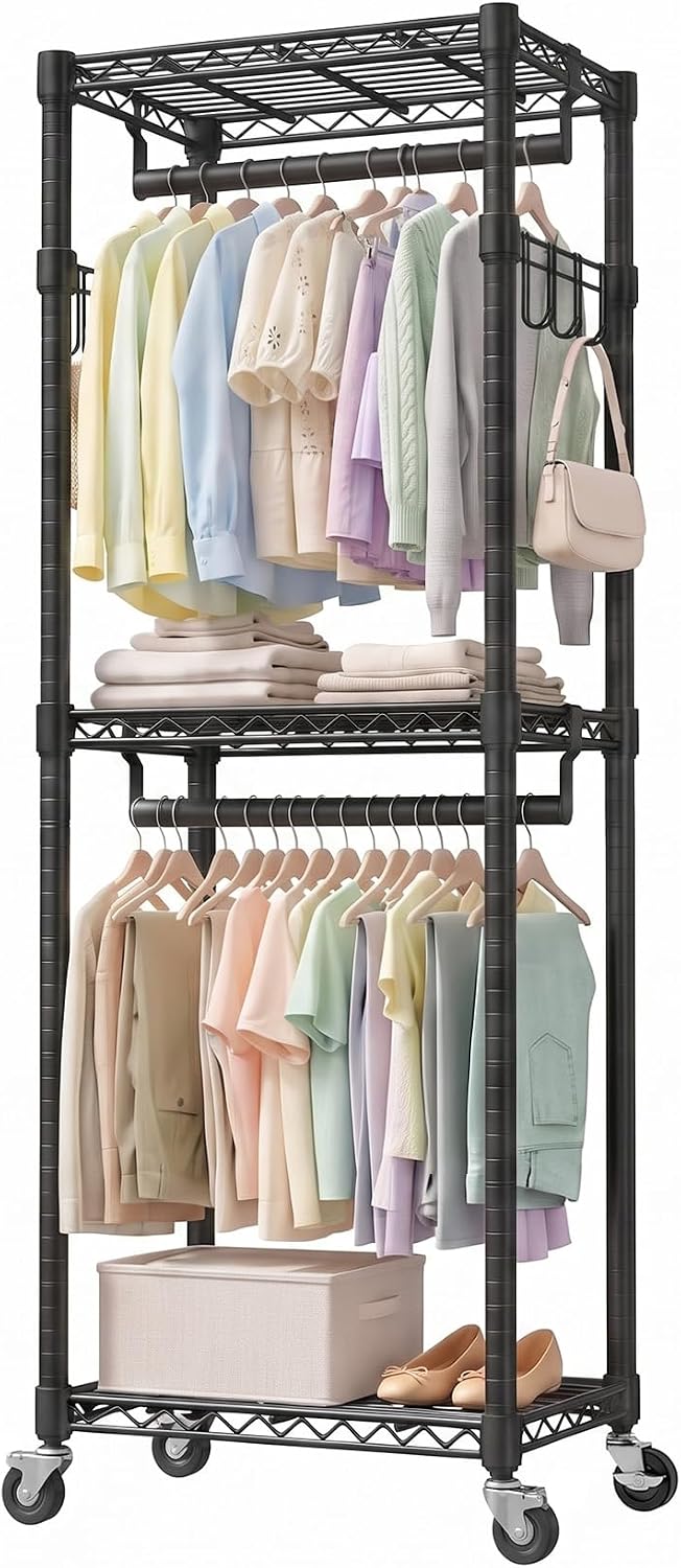 Heavy Duty Rolling Clothes Rack with Wheels, Double Rods Adjustable Shelves