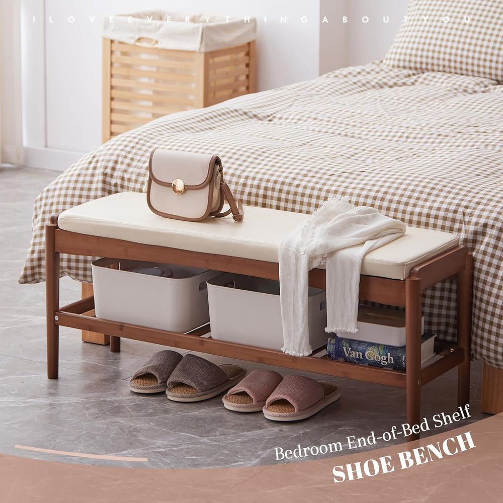 STDDRE Shoe Rack Bench Entryway Bamboo Shoe Storage Bench with Leather Cushio...