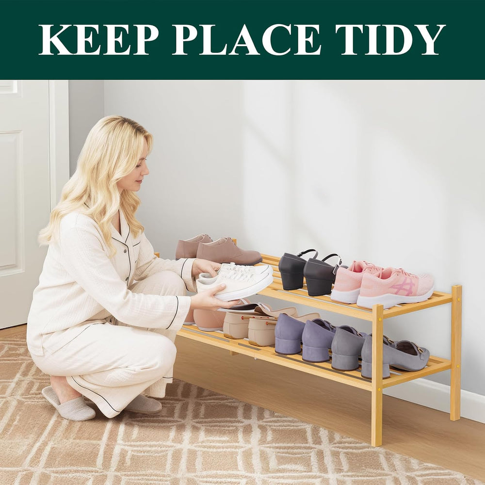 Smiry Bamboo Shoe Rack, 5 Horizontal Slats, 2 Tier - 33.9" Wide, Natural