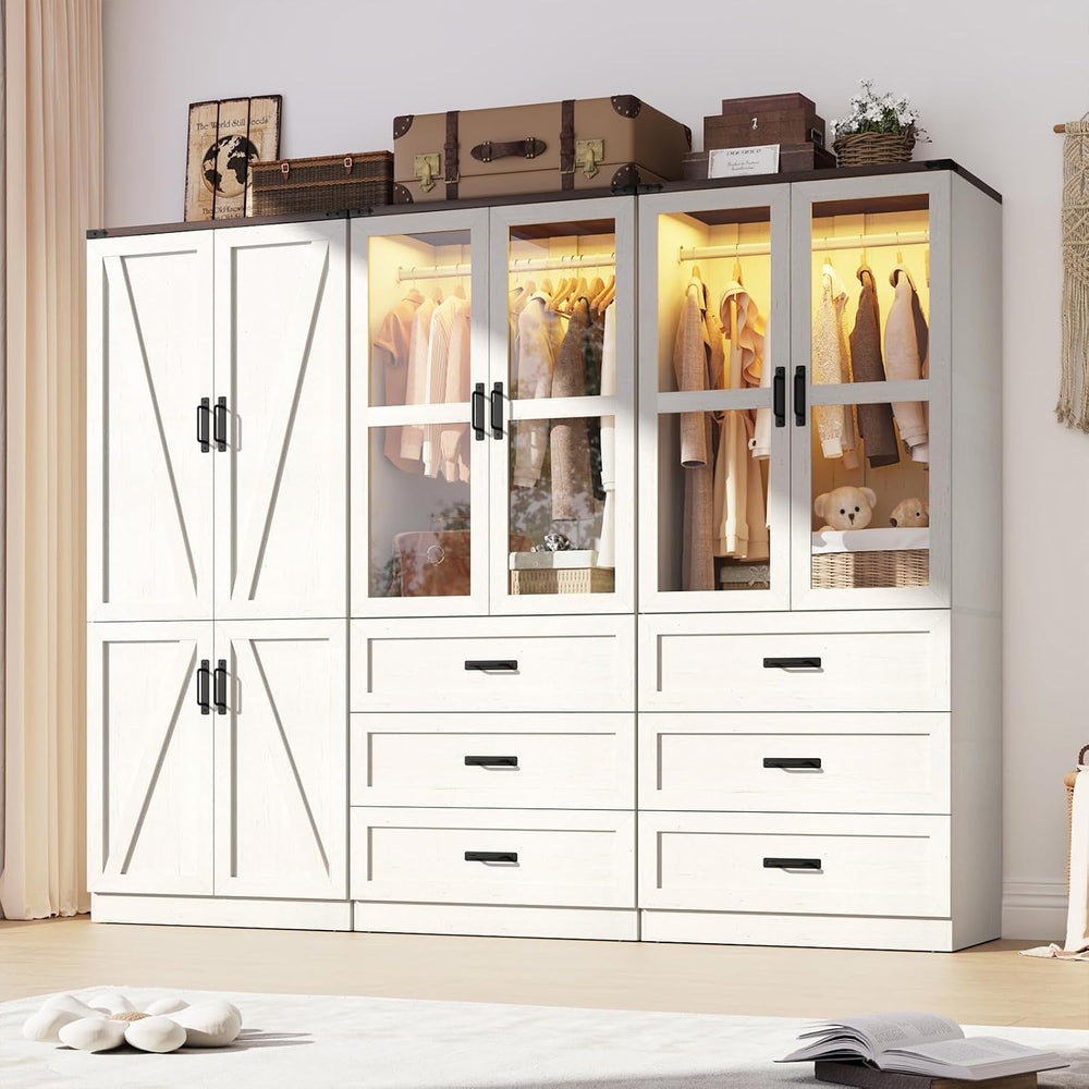 75" Tall Farmhouse 6 Doors Armoire Wardrobe Closet with 3 Drawers and LE...