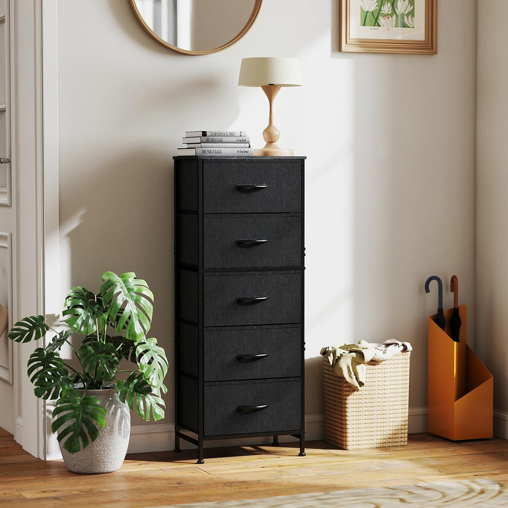 OLIXIS Tall 5 Drawer Fabric Dresser Storage Tower Bedroom Organizer, Black