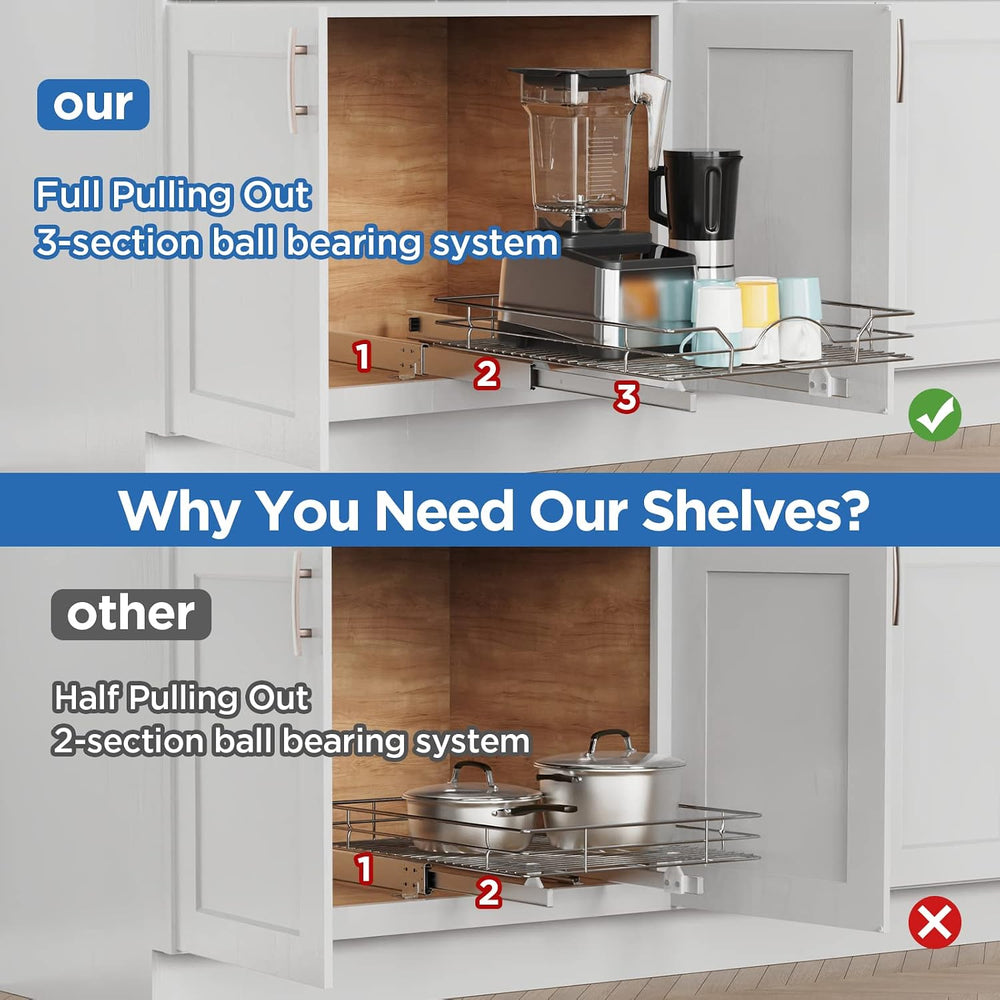 ROOMTEC Pull Out Cabinet Organizer - 14" W x 18" D, Slide Out Stora...