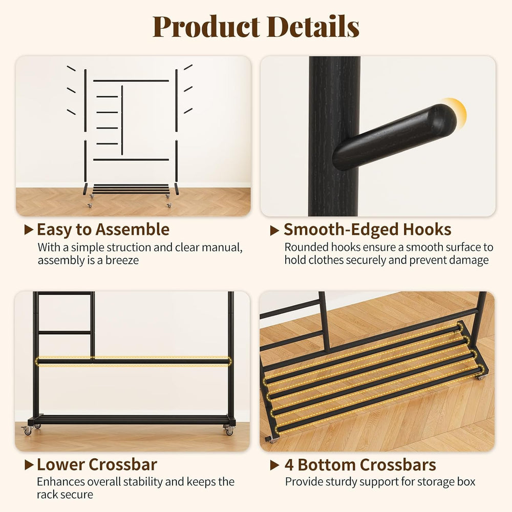 Yoobure Solid Wood Clothing Rack, 4-in-1 Wooden Clothes Rack with Wheels