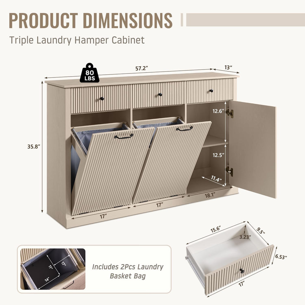 IFBUY Triple Tilt Out Laundry Hamper Cabinet, Trash Can Cabinet, Cream