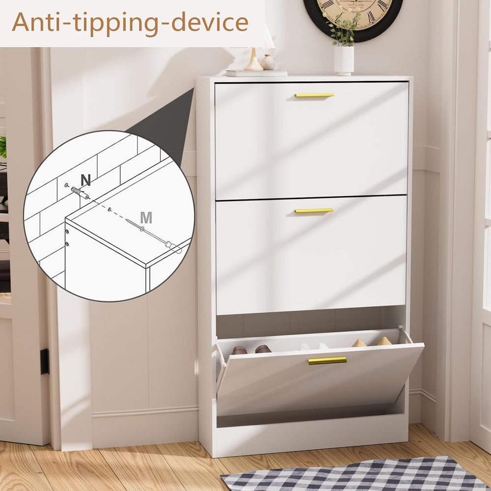 LYNSOM Modern Entryway Shoe Cabinet with 3 Flip Drawers and Top Display, Whit...
