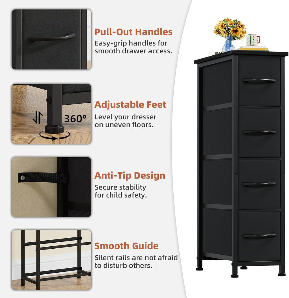 Somdot Narrow Dresser for Bedroom, 4 Drawer Storage Cabinet, Black