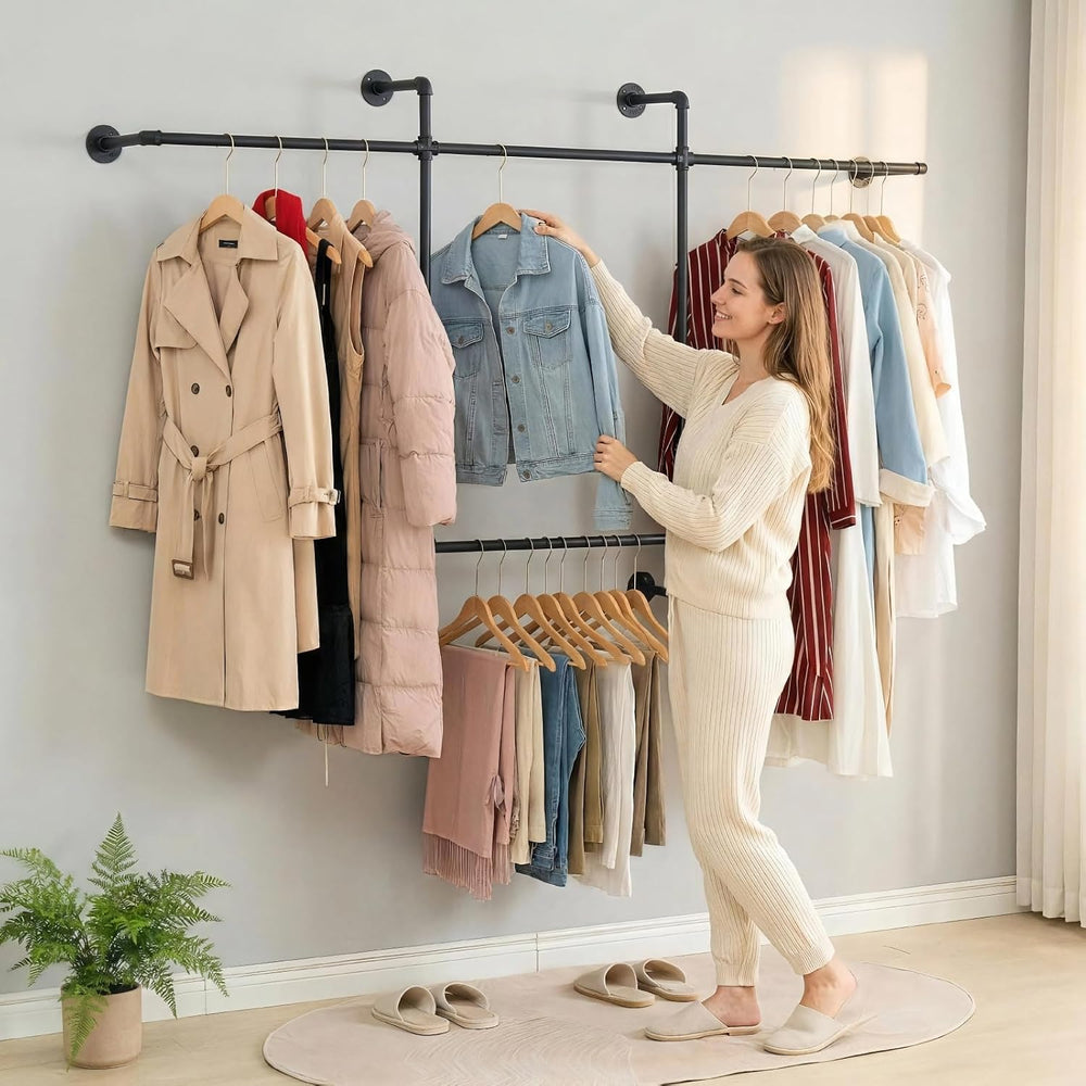 Industrial Pipe Clothing Rack, Hanging Garment Rack, Wall Mounted Pipe Clothe...