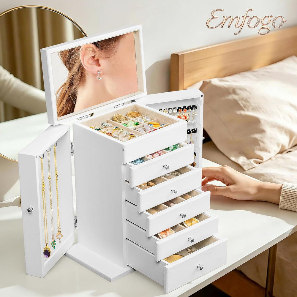Emfogo Wooden Jewelry Box for Women, 6-Tier Large Jewelry Organizer Boxes wit...