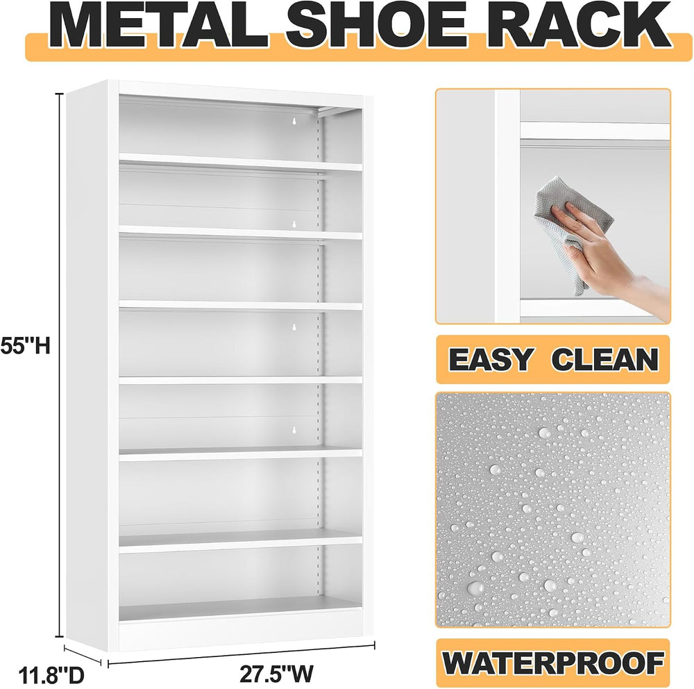 55" Metal Shoe Cabinet with Back Panel, 6 Adjustable Shelves (White)
