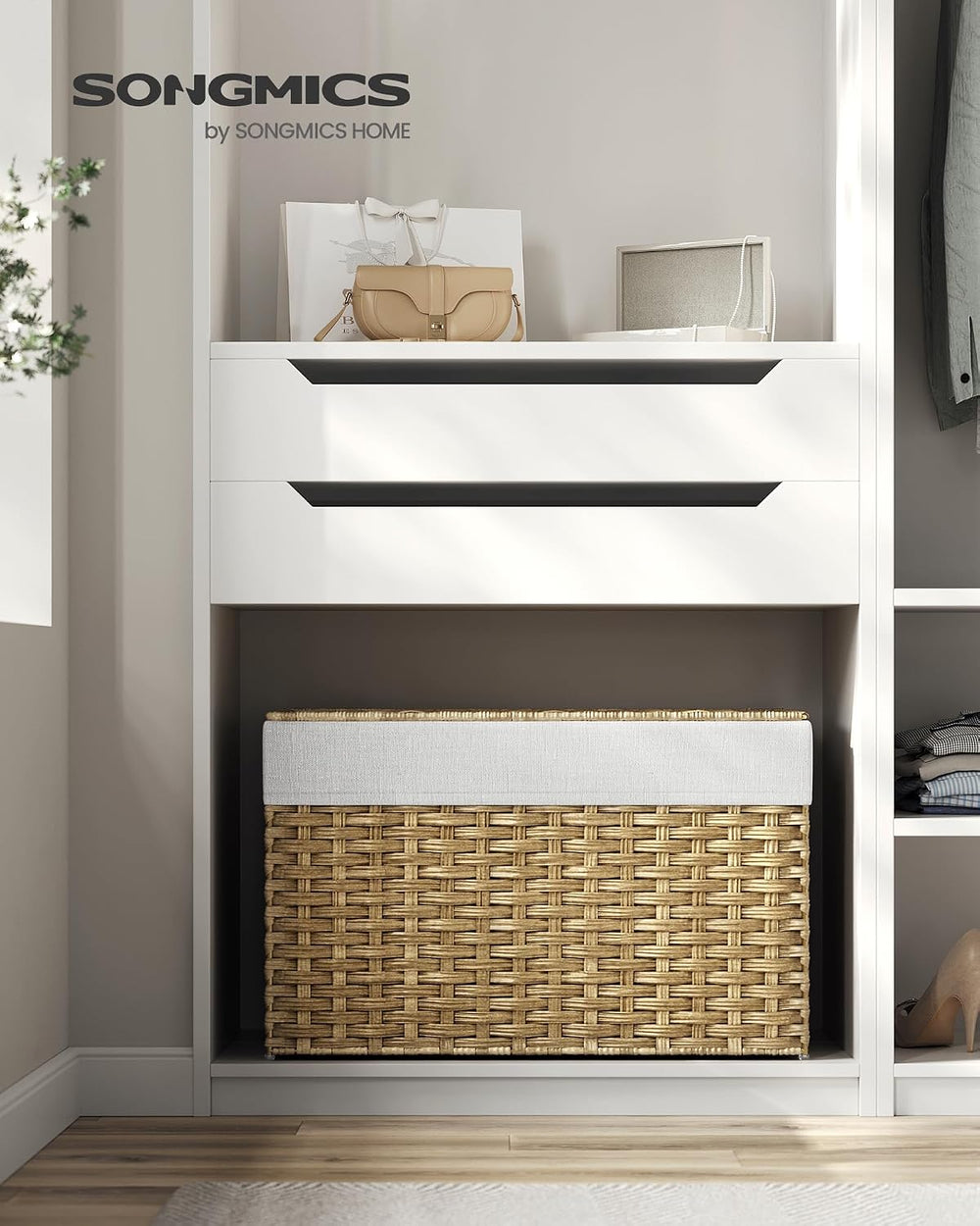 SONGMICS Woven Storage Basket with Lid, 27.7 Gallon (105L), Foldable