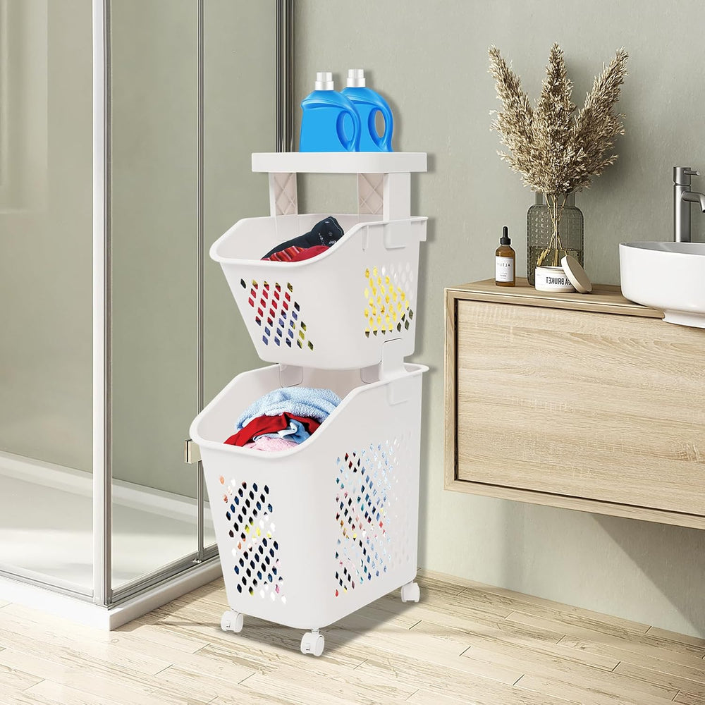 2 Tiers Rolling Laundry Hamper, White Plastic Laundry Basket Holder with Whee...