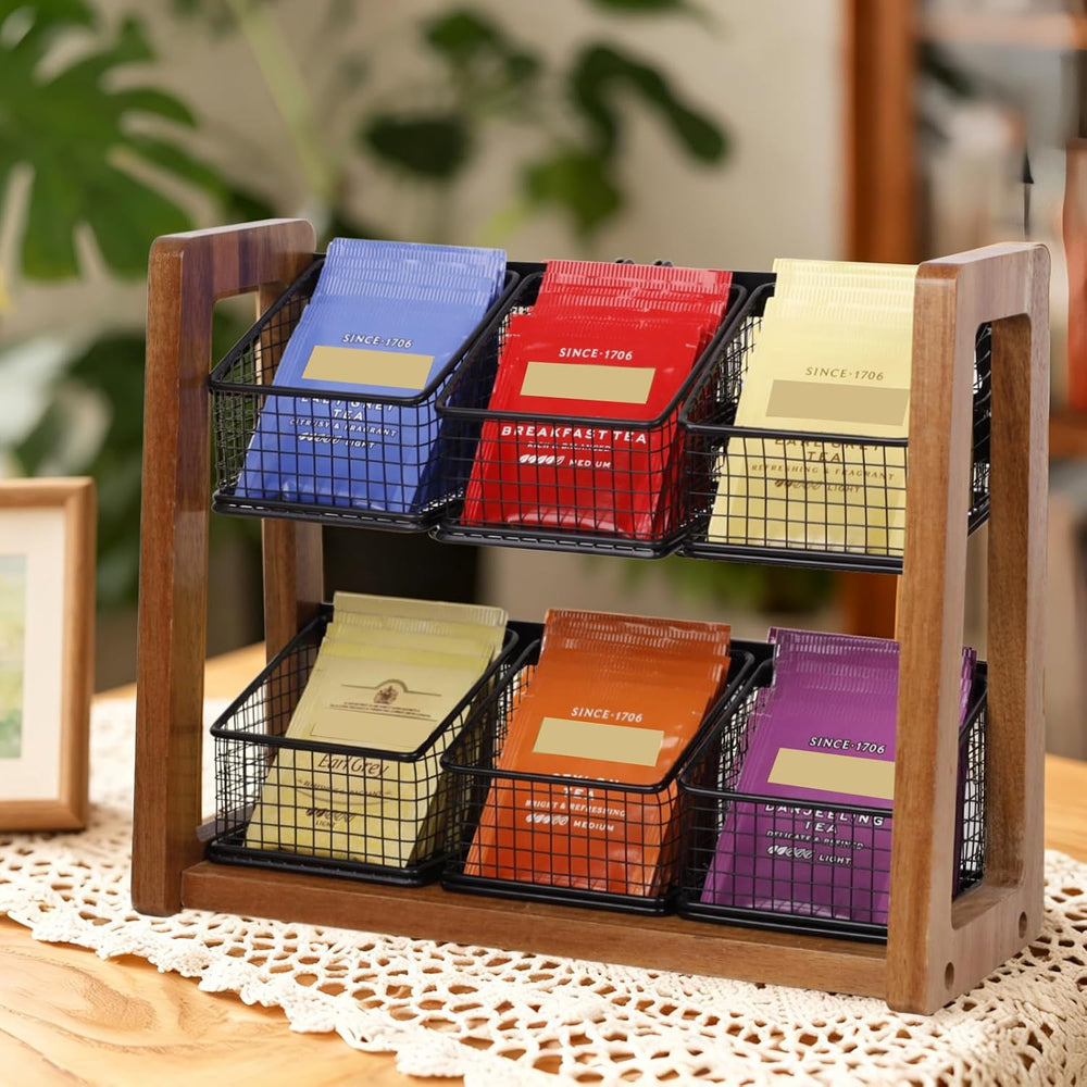 HTB 2 Tier Tea Organizer for Tea Bags with 6 Removable Metal Baskets