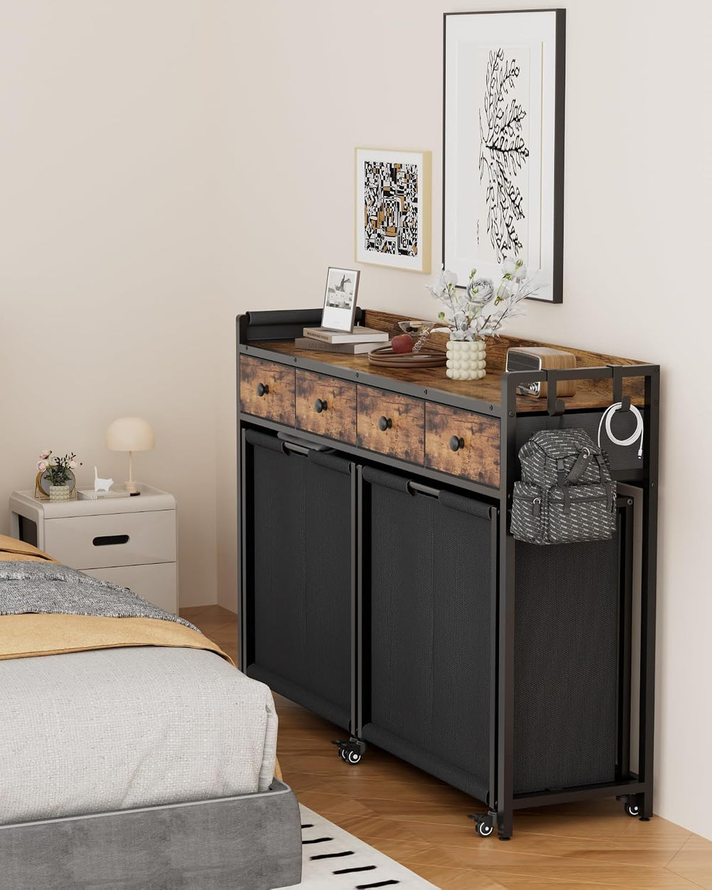 4 Section Rolling Laundry Sorter, Fabric Drawers & Pull-Out Car