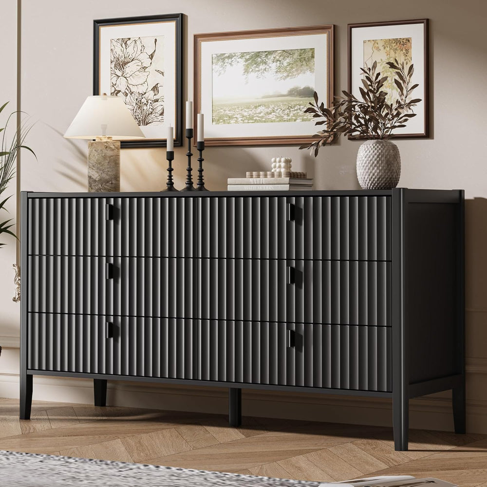 MAISONARIA Black 6 Drawer Dresser for Bedroom, Modern Wood Dresser, Fluted De...