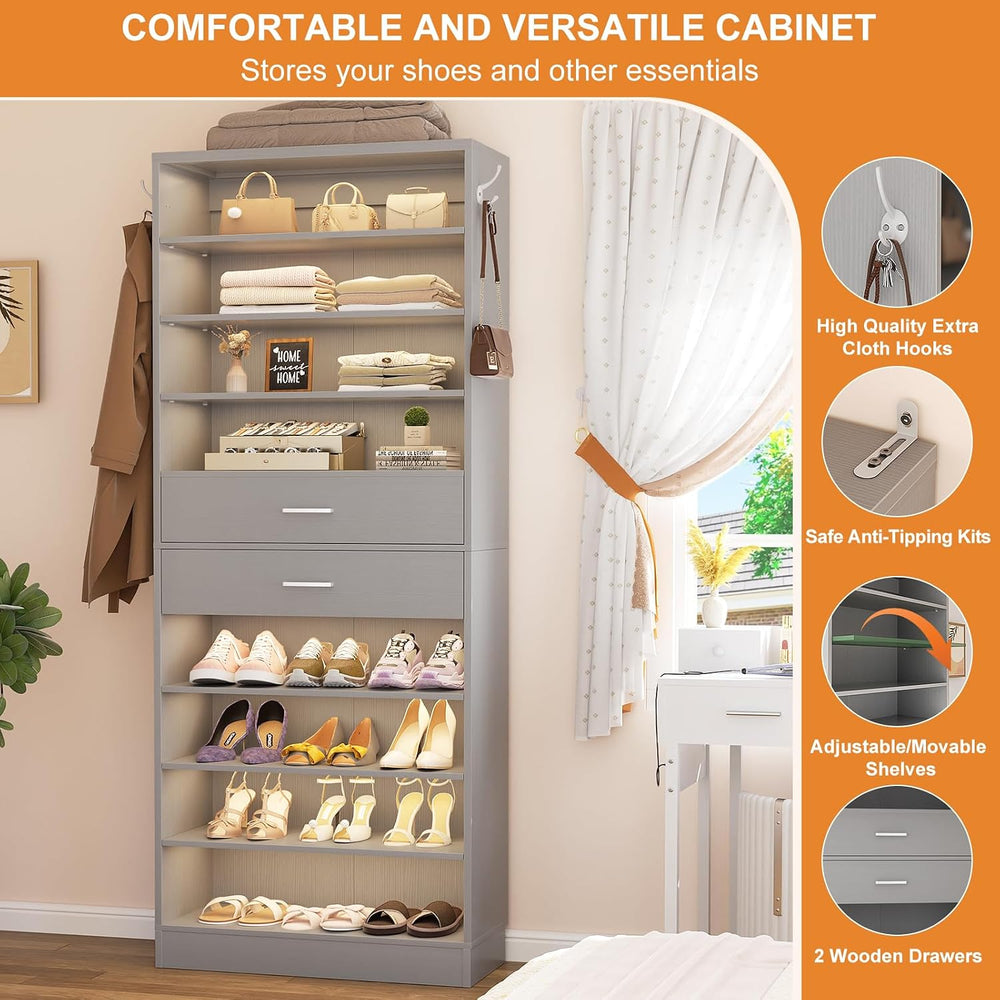 Aheaplus 10 Tiers Tall Shoe Cabinet, 25.6" Wood Sturdy Shoe Rack, Grey