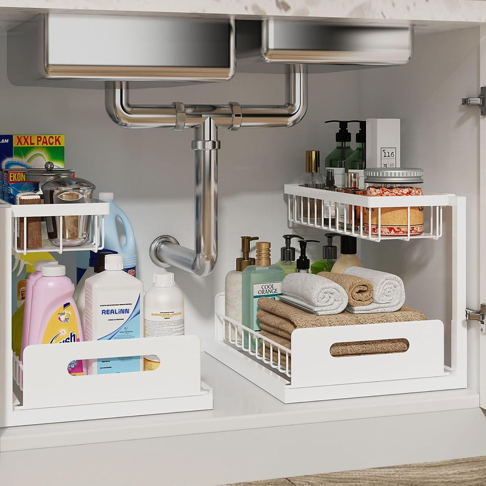 REALINN Under Sink Organizer, L-Shaped 2 Tier Pull Out Cabinet Organizer