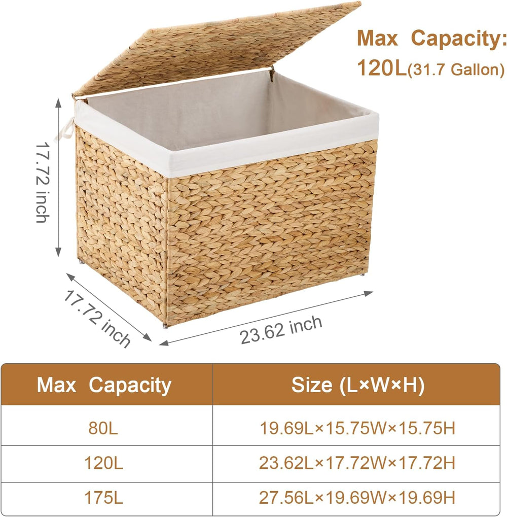 Water Hyacinth Storage Basket with Lid, 31.7 Gallon (120L) Wicker Shelf Baske...