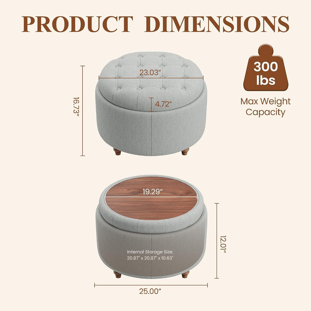 25" Round Ottoman with Storage, Small Coffee Table with Reversible Tray Lid
