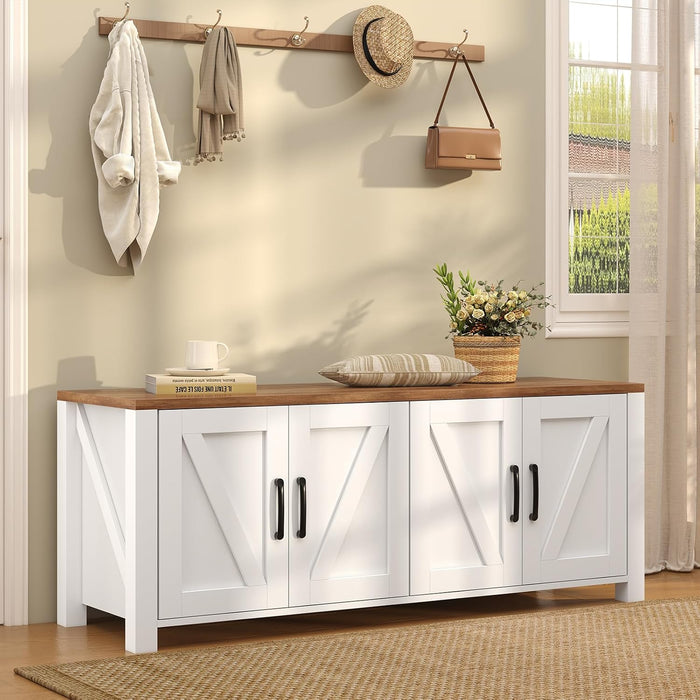 47.3" Shoe Storage Bench, Farmhouse Entryway Bench with 4 Doors & Adjustable Shelves, 2-Tier Shoe Bench for Entryway, Hallyway, Bedroom and Living Room