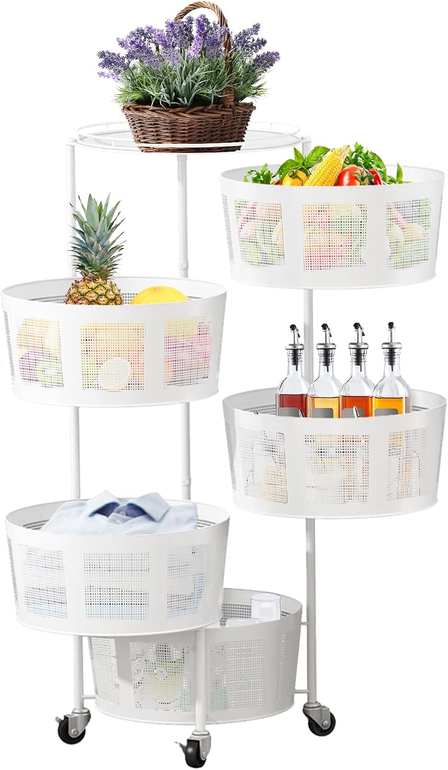 LIBOOI 5 Tier Rotating Storage Rack with Metal Shelves, Kitchen Basket, Food ...