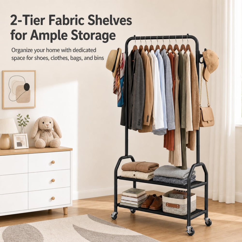 Clothes Rack with 2 Tier Shelves, Rolling Garment Rack