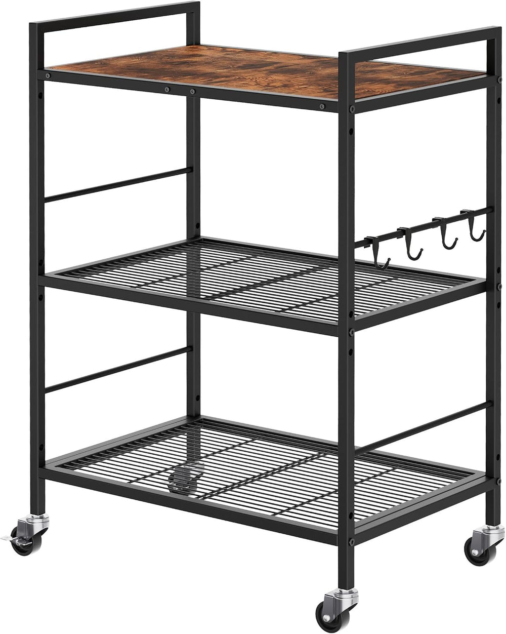 3-Tier Metal Storage Rack with Industrial Wheels,Mesh Shelving Unit with Wood...