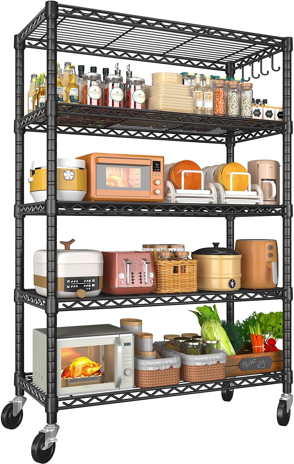 5 Tier 36" W x 14" D x 74" H Rolling Wire Metal Storage Shelve...