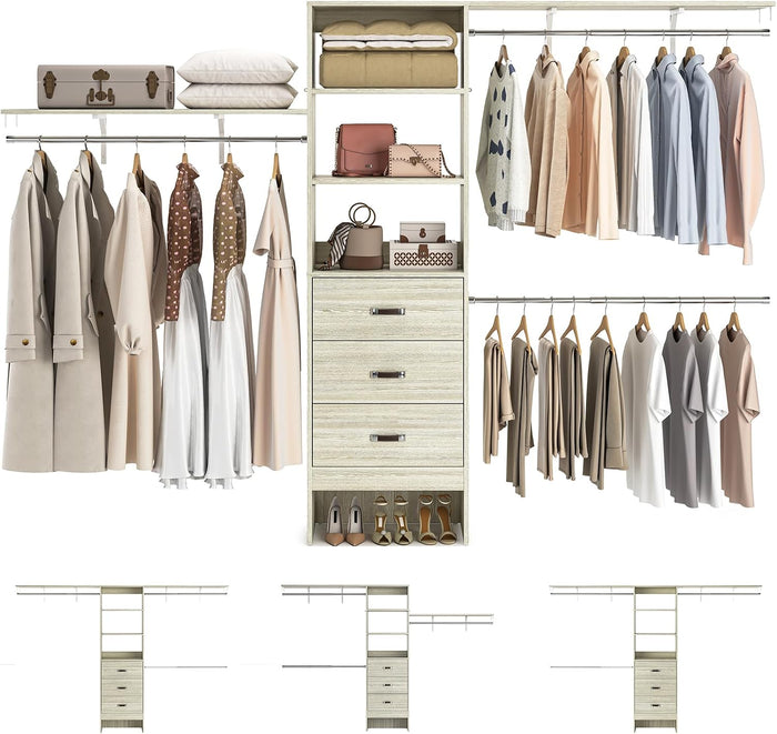 Armocity 120 Inches Closet System, 10FT Walk In Closet Organizer with 2 Shelving Towers, Heavy Duty Clothes Rack with 3 Drawers, Built-In Garment Rack, 120" L x 16" W x 75" H, Load 1200 LBS, White Oak