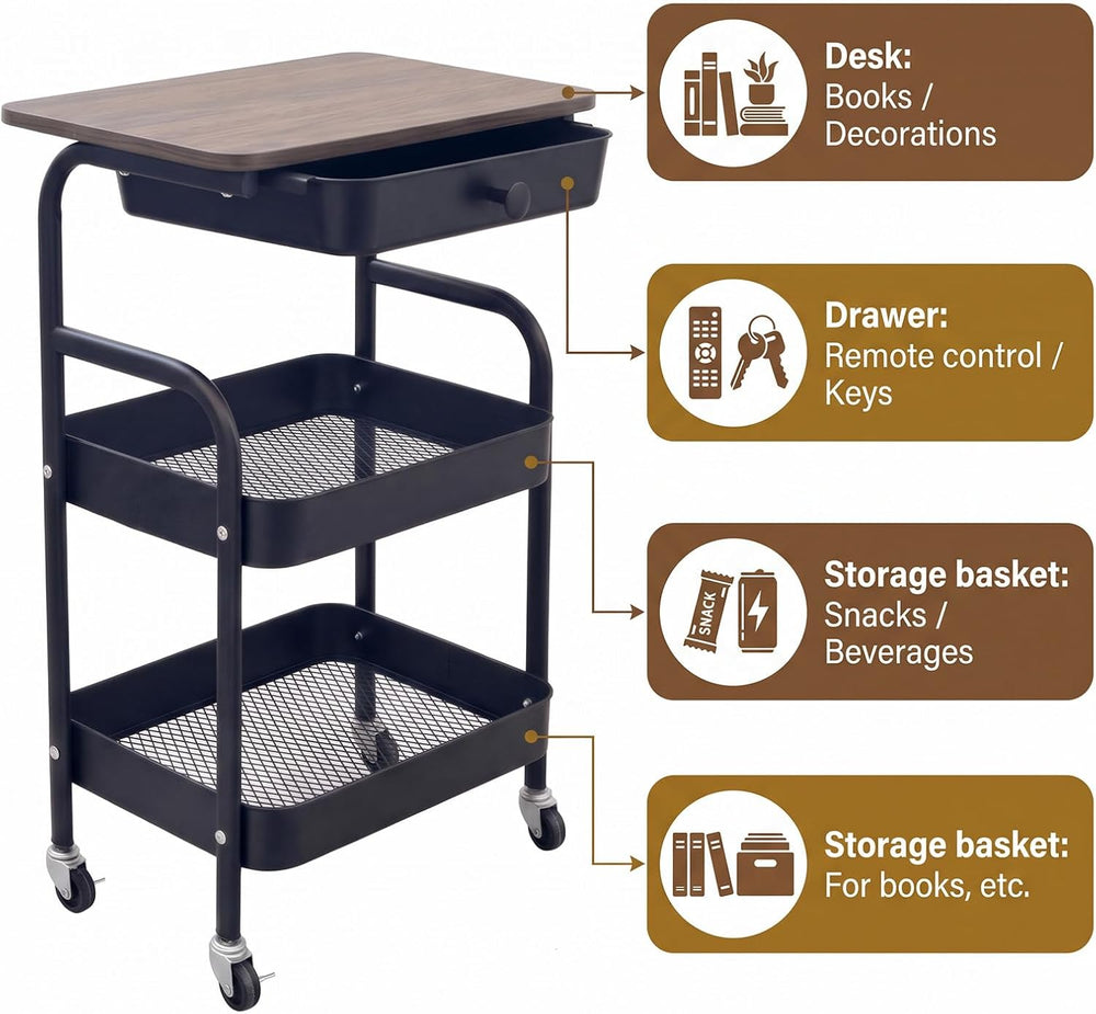 3 Tier Rolling Cart with Drawer and Wood Top, Small Space Storage Cart with W...