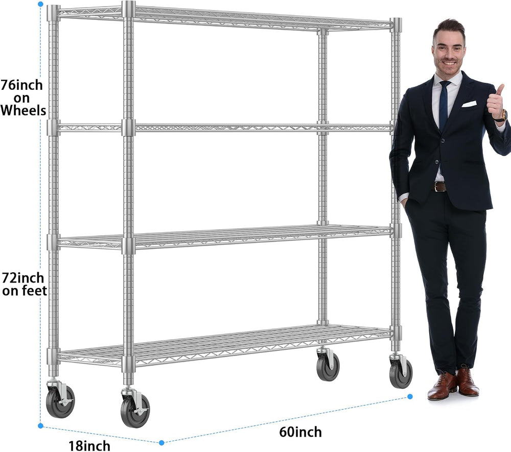 Homdox 4 Tier Heavy Duty Metal Wire Shelving with Wheels, 2400 lbs Capacity G...